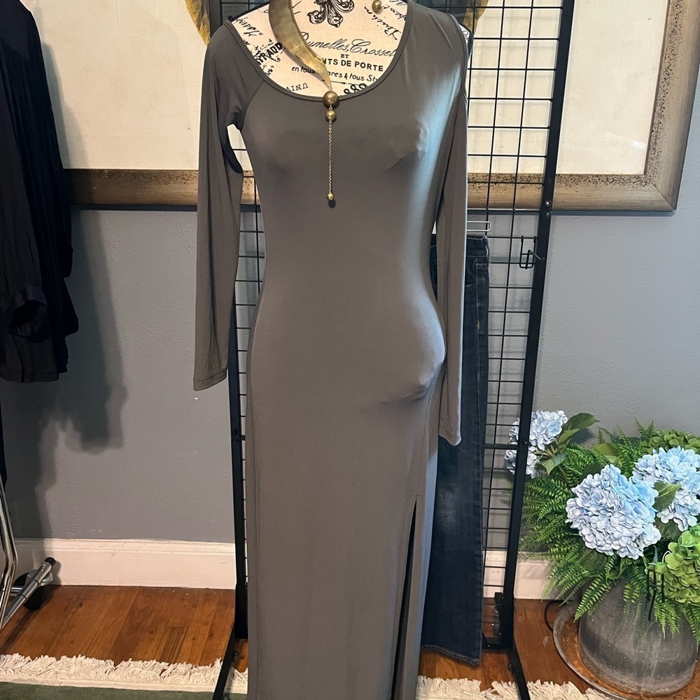 Green Bodycon Maxi Dress with Long Sleeves Gray Green. Cold shoulder